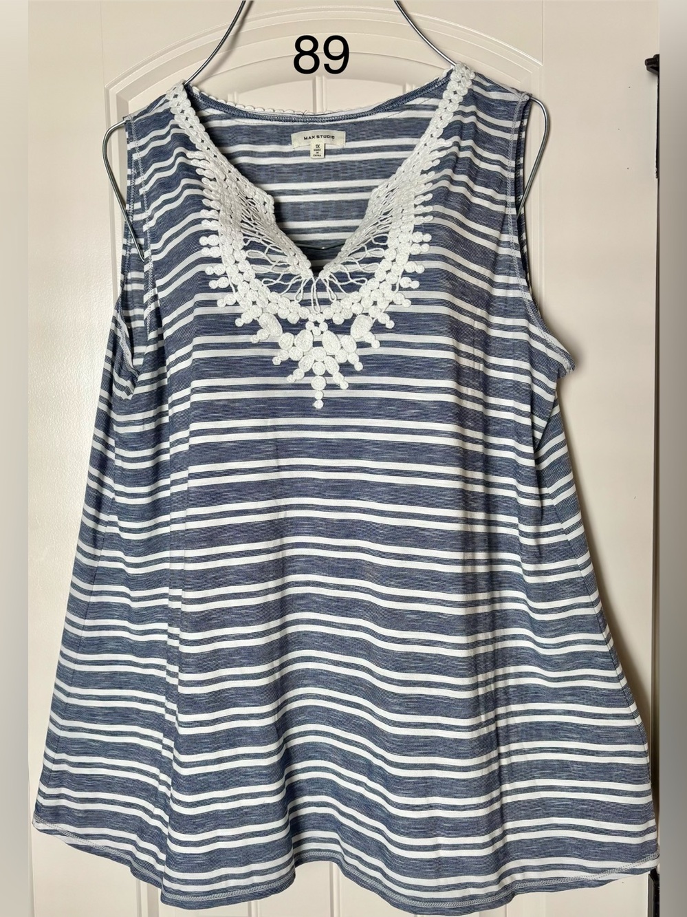 Max Studio Navy & White Striped Crochet V-Neck Tank. Size 1X